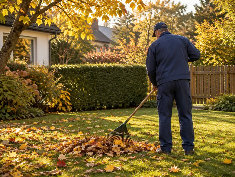 Laub wird im Garten zusammengerecht